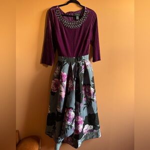 Midnight Velvet NWOT Women's Velvet Jeweled Floral Taffeta Hi Lo Belted Dress 16